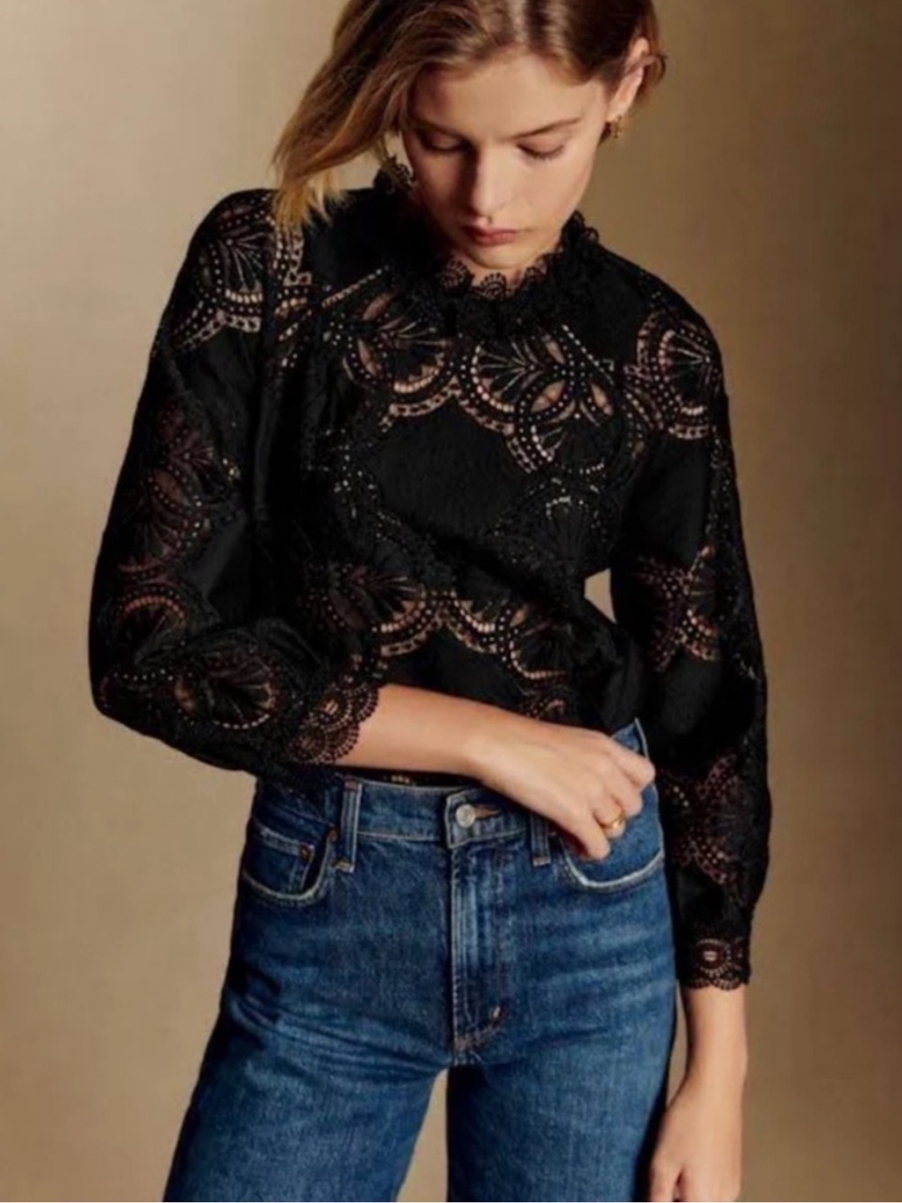 Sezane Black Lace Scalloped Size Large (42) Ruffle High Neck Bianca Top